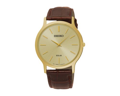 SEIKO Men's Hand Watch SOLAR Brown Leather Strap, Gold Dial SUP870P1