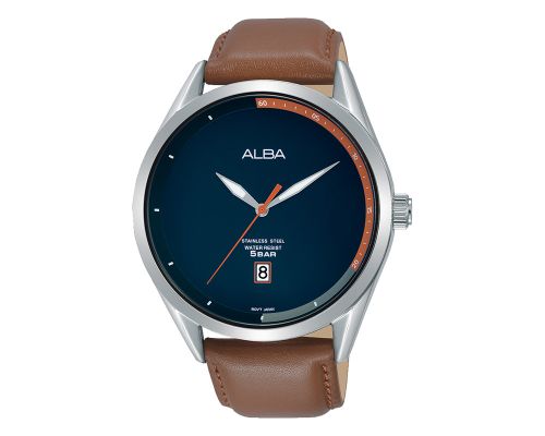 ALBA Men's Hand Watch PRESTIGE Brown Leather Strap, Navy Dial AS9F57X1