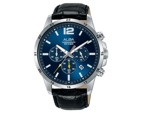 ALBA Men's Hand Watch ACTIVE Black Leather Band, Blue Dial AT3E89X1