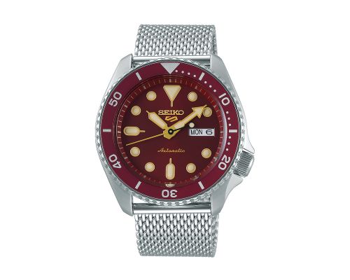 SEIKO Men's Hand Watch 5 SPORTS Stainless Band, Red Dial SRPD69K1