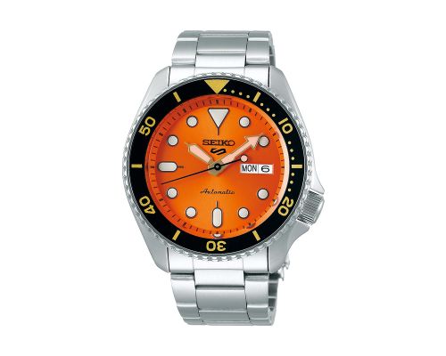 SEIKO Men's Hand Watch 5 SPORTS Stainless Band, Orange Dial SRPD59K1