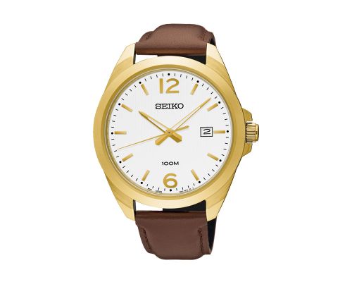 SEIKO Men's Hand Watch QUARTZ Brown Leather Strap, White Dial SUR216P1