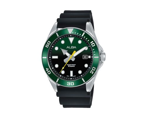 ALBA Men's Hand Watch ACTIVE Black Silicone Strap, Green Dial AG8K23X1