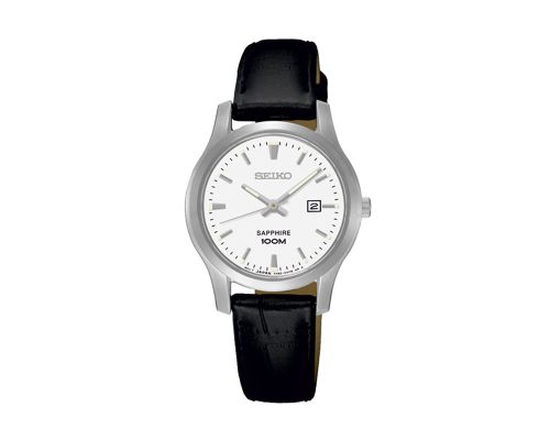 ساعة يد سيكو حريمي كوارتز سوار جلد أسود ، مينا لون أبيض SXDG65P1