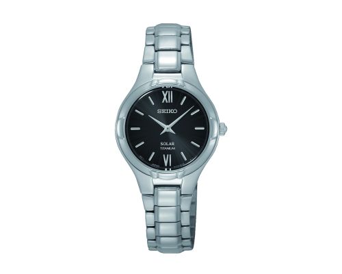 SEIKO Ladies' Hand Watch SOLAR Stainless Band, Black Dial SUP279P1