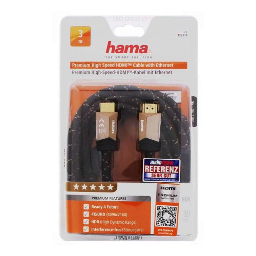 HAMA Premium HDMI™ Cable With Ethernet Plug-Plug Ferrite Metal 3m Black x Gold HAMA122211