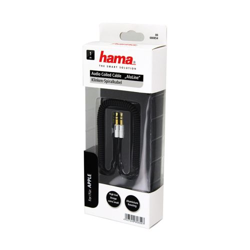 HAMA AluLine Coiled Cord, 3.5mm Jack Plug-3.5mm Jack Plug, Stereo, 1m, Black HAMA80854