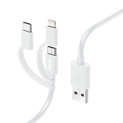 HAMA 3-in-1 Micro-USB Cable, Adapter for USB-C, Lightning, 1m, White HAMA187200