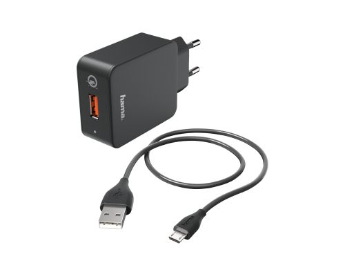 HAMA Charger Kit, Micro USB, 3A, Charger QC 3.0 + Micro-USB Cable, 1.5m, Black HAMA178336