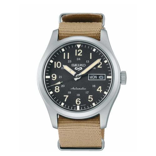 SEIKO Men's Hand Watch 5 SPORTS Beige Nylon Strap Black dial SRPG35K1