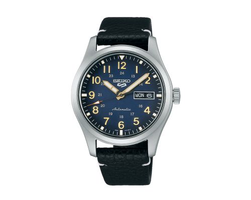 SEIKO Men's Hand Watch 5 SPORTS Black Leather Band, Blue Dial SRPG39K1