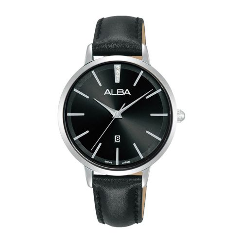 ALBA Ladies' Watch FASHION Black Leather Strap, Black Dial AH7CD9X1