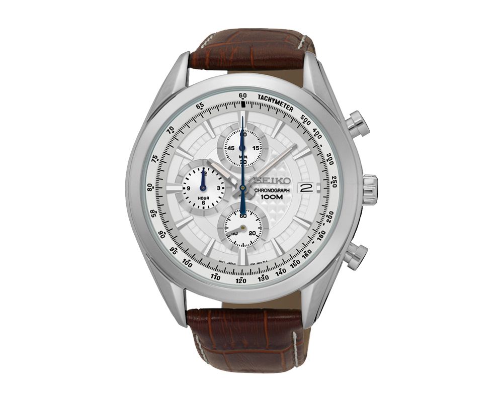 SEIKO Men's Hand Watch CHRONOGRAPH Brown Leather Strap, White Dial and 100m Water Resistant SSB181P1