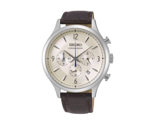 SEIKO Men's Watch CHRONOGRAPH Brown Leather Band, Off White Dial SSB341P1