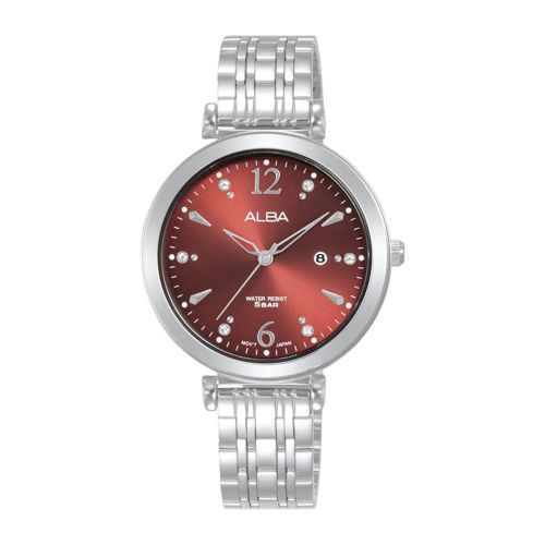 ALBA Ladies' Hand Watch FASHION Stainless Band, Maroon Dial AH7BW3X1